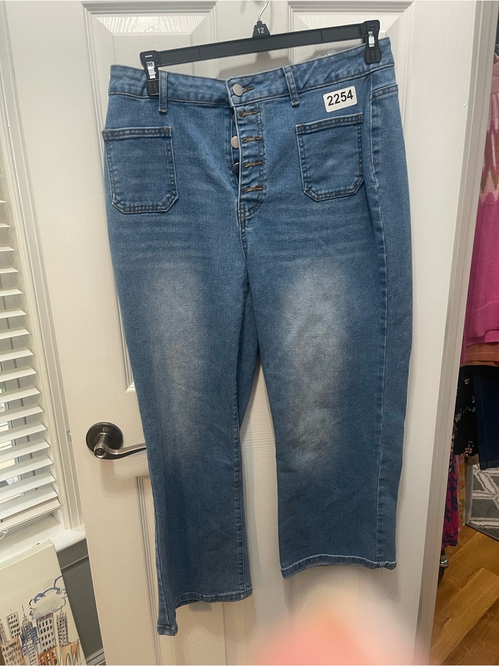 High-Rise Medium Blue Cropped Button-Fly Jeans